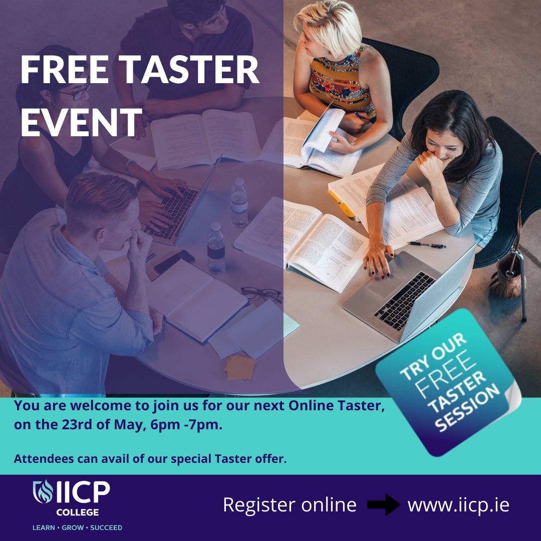 Free Online Taster Event

Join us on Thursday the 23rd of May, 6pm-7pm.

🎉 Attendees can avail of our special Taster offer 🎉

Visit linktr.ee/iicpcollege to register, link in bio.

#counsellingcourse #therapycourse #education #degree #college #BSc #learn