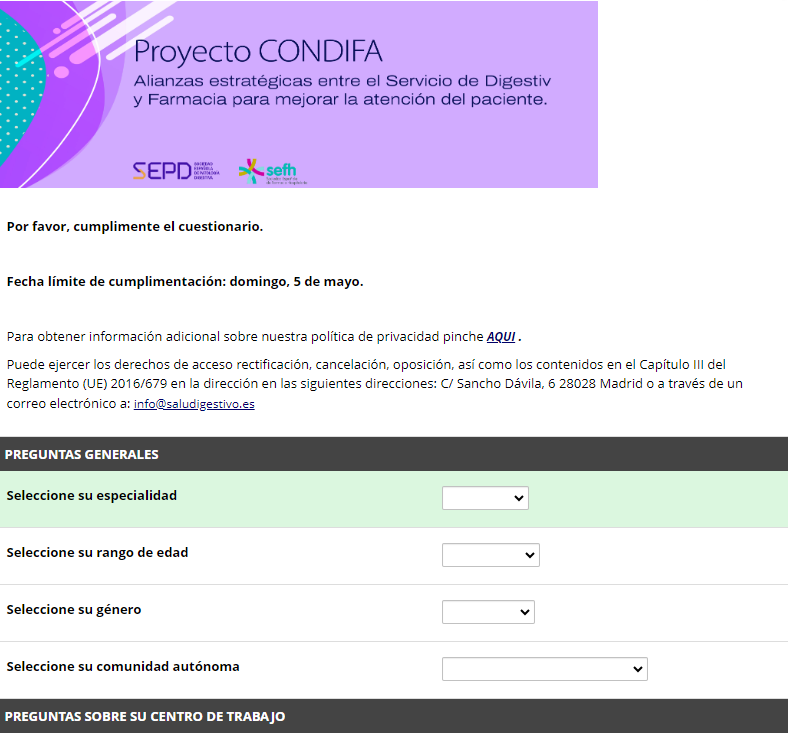 ¿Nos ayudas a intercambiar conocimientos y experiencias entre #digestivo y #farmaciahospitalaria? La @sepdigestiva y @sefh_ estamos realizando una nueva ed. del proyecto #CONDIFA para mejorar atención al paciente Participa en la encuesta (plazo: 8 mayo) redcap12.sepd.es/surveys/?s=X9J…