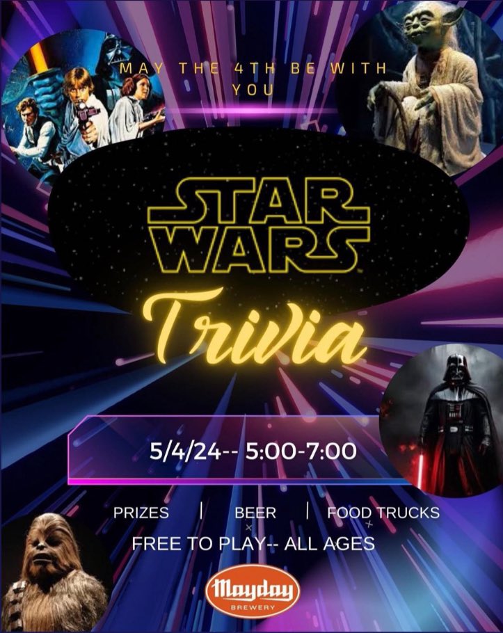 May the fourth be with you. Get your brain on, get your game on.... Star Wars Trivia. #May4thBeWithYou #StarWarsDay #StarWarsWeek #lovethepeople #lovethebeer #beerhugsandrockandroll #pizzaandbeer #middletn #drinklocal #craftbeer #mayday 🍕🍺