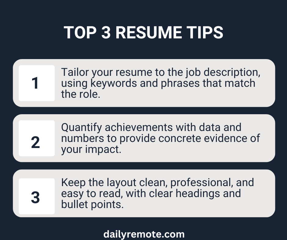 Ready to land your dream remote job? Here are three game-changing resume tips to help you stand out from the virtual crowd and secure that coveted role! #RemoteWork #CareerTips #WorkLifeBalance #JobSeekers #ResumeAdvice #JobTips #VirtualWork #RemoteJobSearch #JobOpportunity