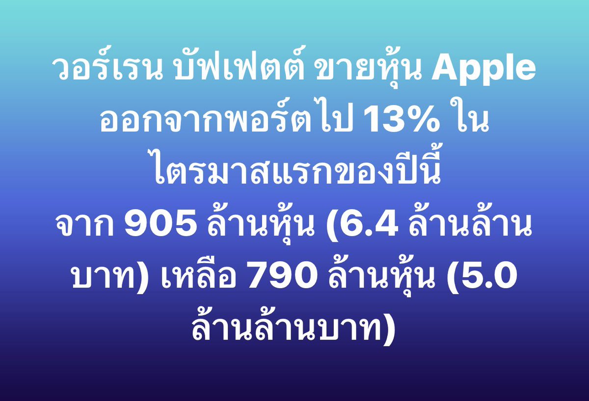 วอร์เรน บัฟเฟตต์ ขายหุ้น Apple ออกจากพอร์ตไป 13% ในไตรมาสแรกของปีนี้ ในขณะที่ไตรมาสแรกของปีนี้ Apple ได้ประกาศซื้อหุ้นคืน เป็นจำนวน 4 ล้านล้านบาท ซึ่งเป็นจำนวนมากสุดในประวัติศาสตร์ของบริษัท blockdit.com/posts/66363b25…