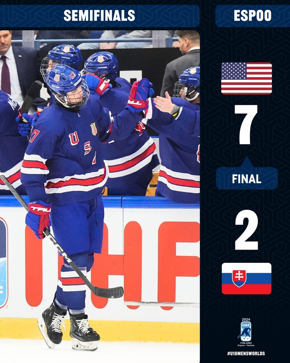 James Hagens lifted @usahockey to the 2024 #U18MensWorlds gold medal game.🇺🇸✊

Full game recap ✍️
iihf.com/en/events/2024…