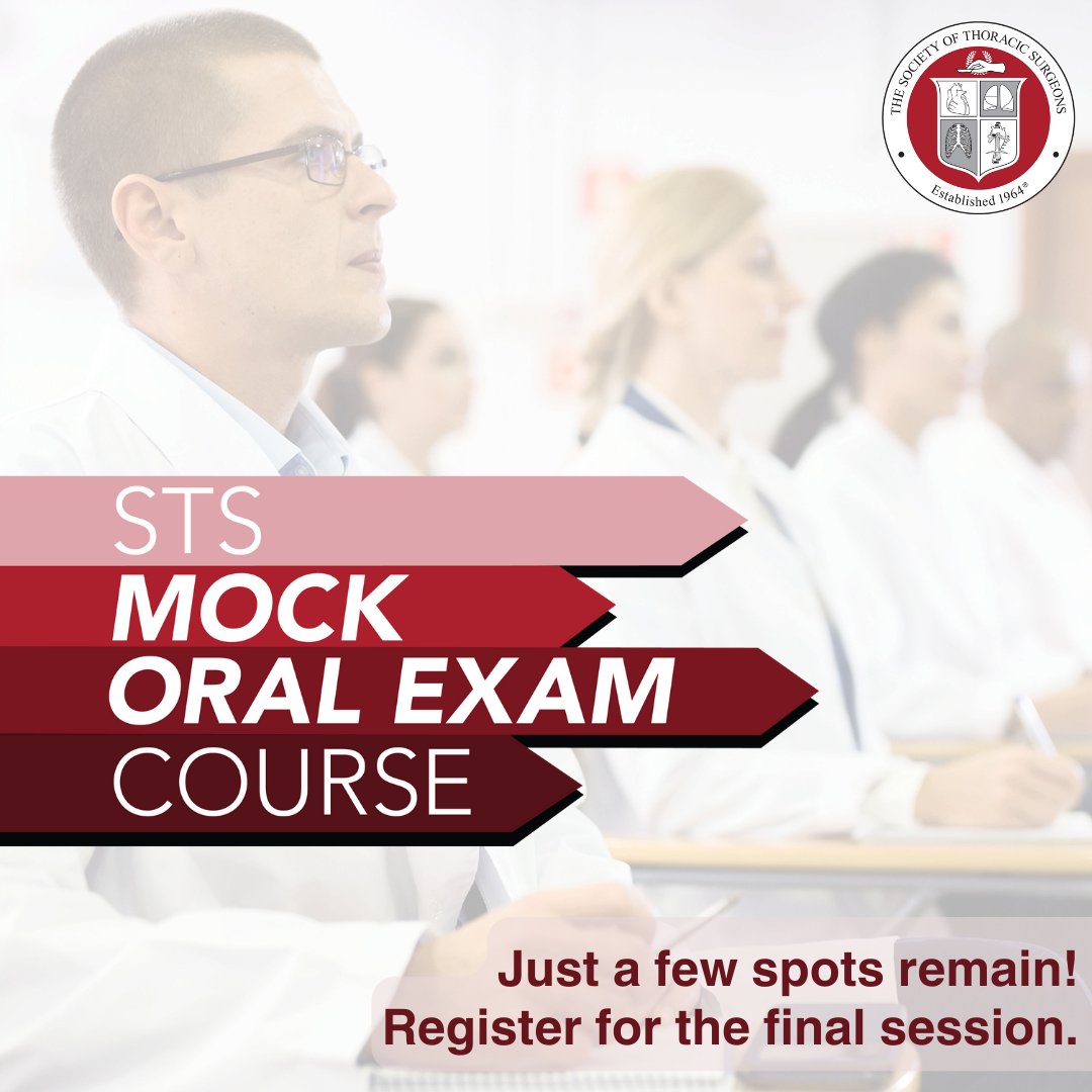 Prepping for the oral Board exam next month? Let STS help you mitigate the stress of the test! Three final spots are available in the Tues., May 7, session of the STS Mock Oral Exam Course. Prepare for and practice with the oral exam format. Register now: bit.ly/3wW3tsJ