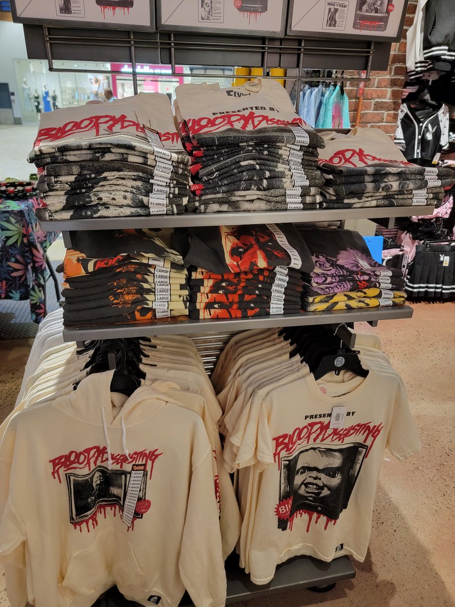 It's really wild to walk into Spencer's at my local mall and see a whole display of Bloody Disgusting t-shirts. These are brand new, now available in stores & online. So proud of everything this team has accomplished. Grab a shirt! Show your support! Thank you!!