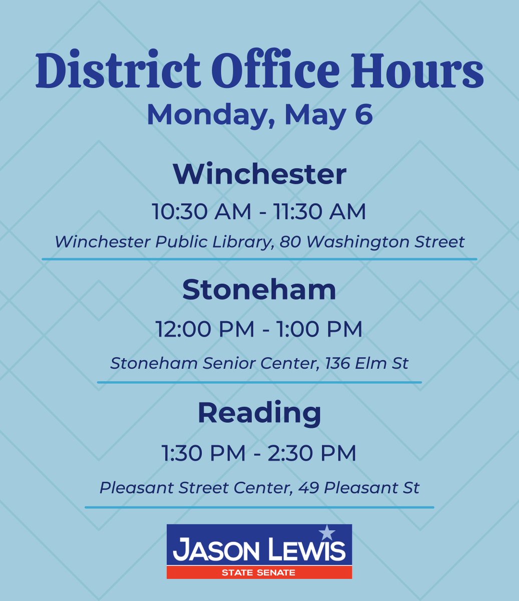 Join us tomorrow for Office Hours in Winchester, Stoneham, and Reading!