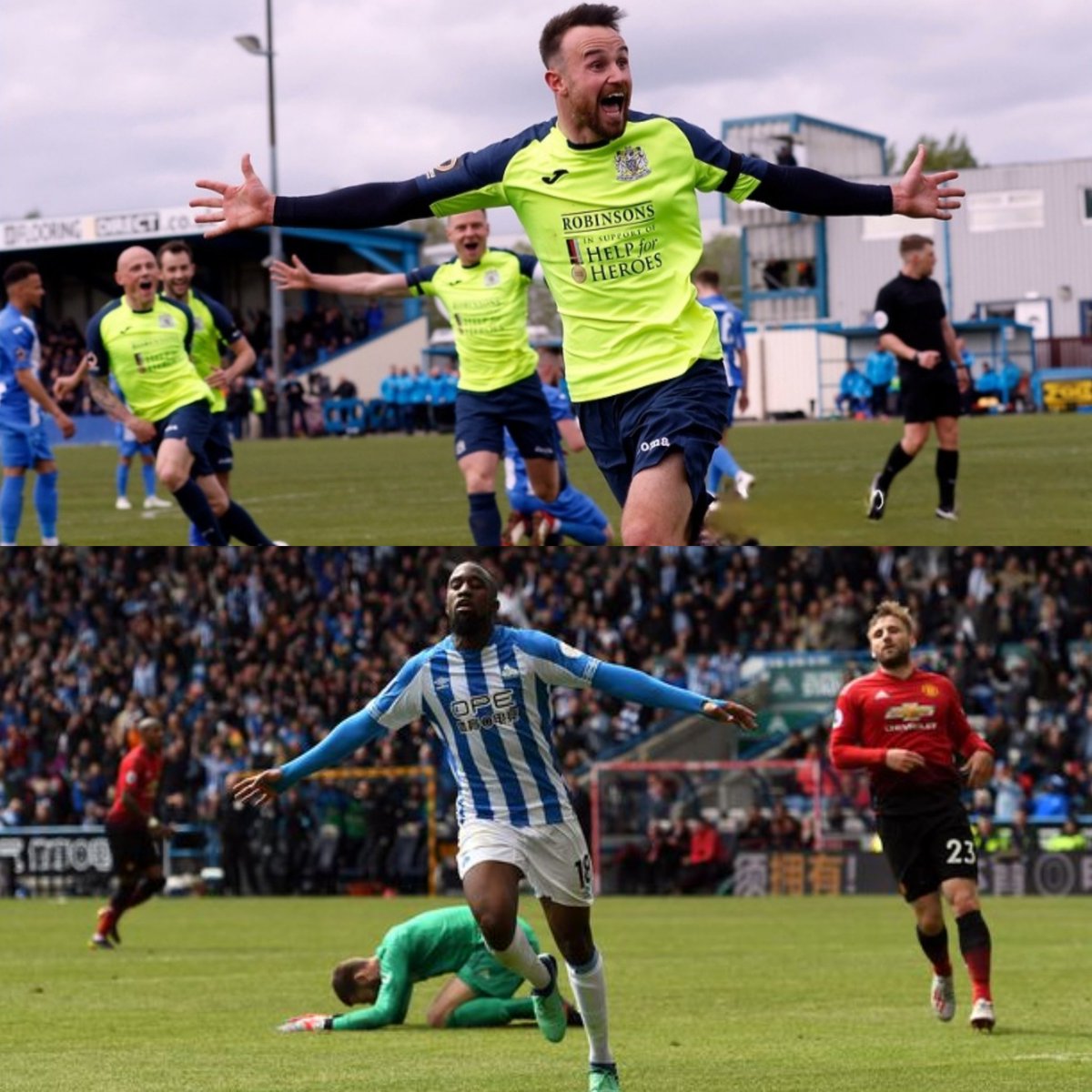 A week after the MIGHTY COUNTY won the National League North with a 3-0 win at Nuneaton, Huddersfield Town drew 1-1 at home with Manchester United in the Premier League. Next season, they'll face each other in League One 🙌🎩 #stockportcounty #HTAFC