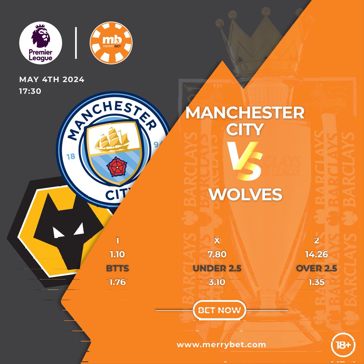 The two-horse race for the #PL title continues! 🥵 All eyes on Man City as they host Wolves in a tricky test at the Etihad this evening ⚽ Get your bets on here ➡️ bit.ly/3JxLhI0 #MCIWOL #PremierLeague #BetNow #Merrybet #whereChampionsplay