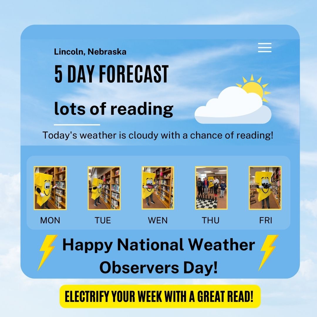 Lux Middle School’s mascot Johnny Lightning Bolt and students are celebrating National Weather Observers Day by reading books about weather! Bolt into your library to get a great book today!