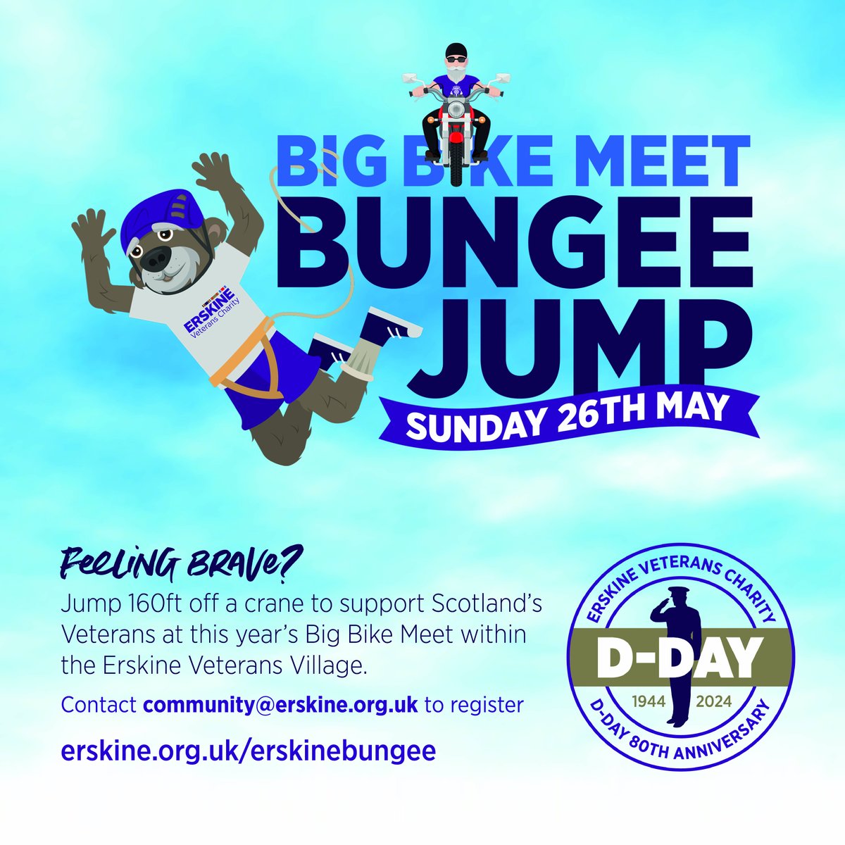 🎟️PLACES NEARLY GONE!🎟️ Are you feeling bold? It's nearly time for our Bungee Jump on the grounds of our Veterans Village💜 Email community@erskine.org.uk or give us a ring on 0141 814 4555. £20 registration fee, with £100 to raise.💸