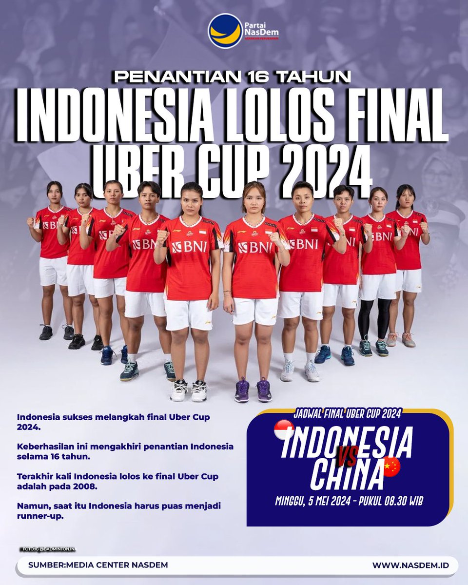 Selangkah lagi Timnas Bulutangkis Wanita Indonesia merebut Piala Uber Cup 2024. Selamat kepada seluruh atlet yang berhasil lolos ke final, tetap fokus dan berjuang sampai akhir! Indonesia Bangga! Indonesia Juara 🇮🇩 #ubercup #Indonesia #badminton