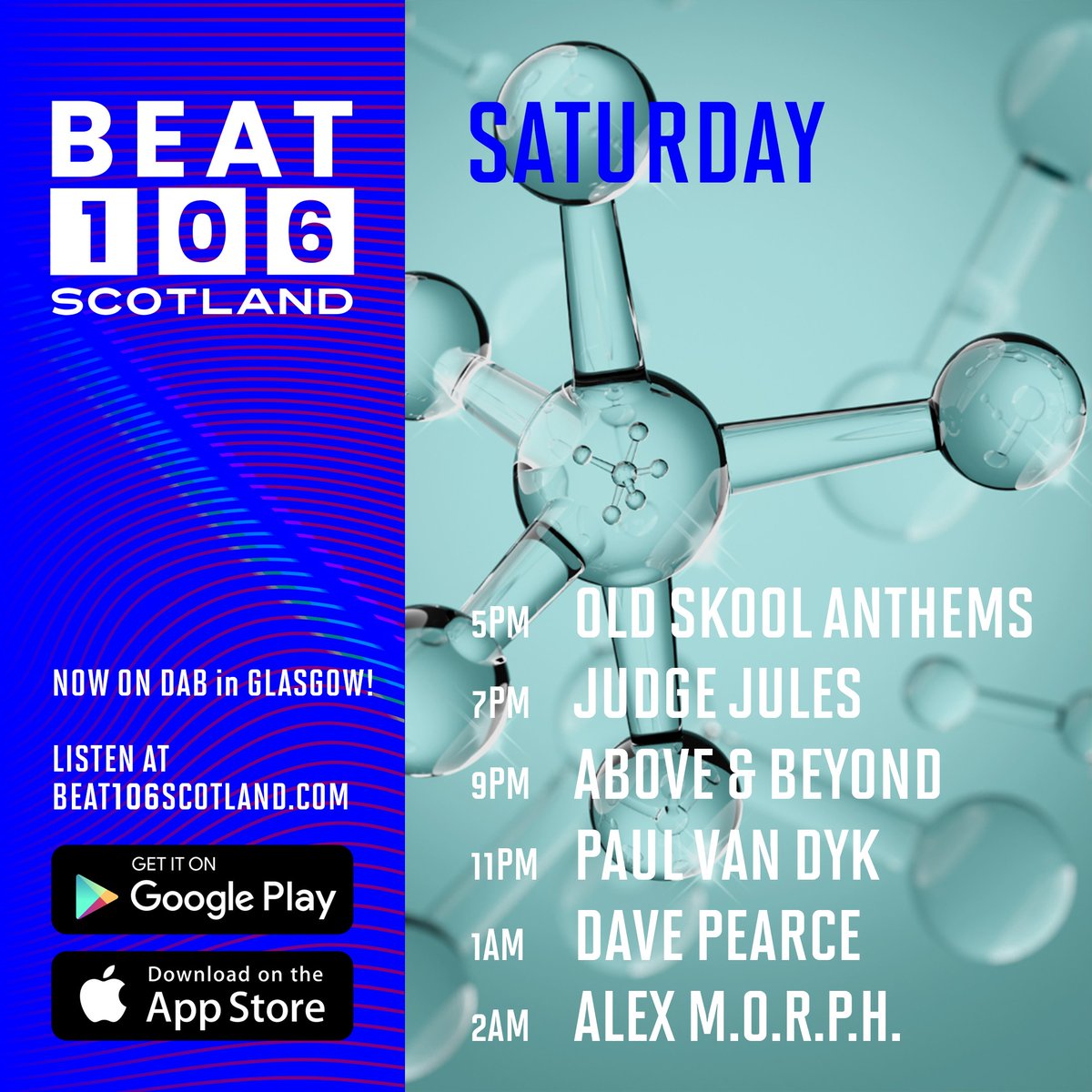 Saturday on @beat106scotland... Not too shabby right ? 5pm - 2 hours of #OldSkoolAnthems 7pm - @RealJudgeJules 9pm - @aboveandbeyond with @GabrielNDresden in the guest mix. 11pm - @PAULVANDYK 1am - @dj_davepearce with @VinnyDegeorge in the guest mix. 2am - @alexmorph