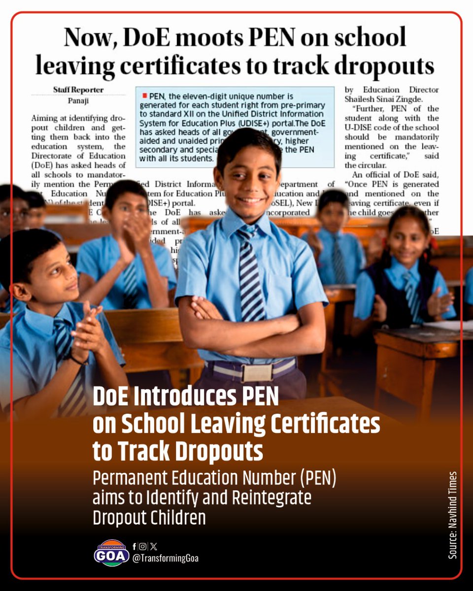 The Directorate of Education (DoE) introduces Permanent Education Number (PEN) on school leaving certificates to track and bring back dropout children into the education system.

#goa #GoaGovernment #TransformingGoa  #bjym #bjymgoa #DepartmentOfEducation #PEN #SchoolDropouts