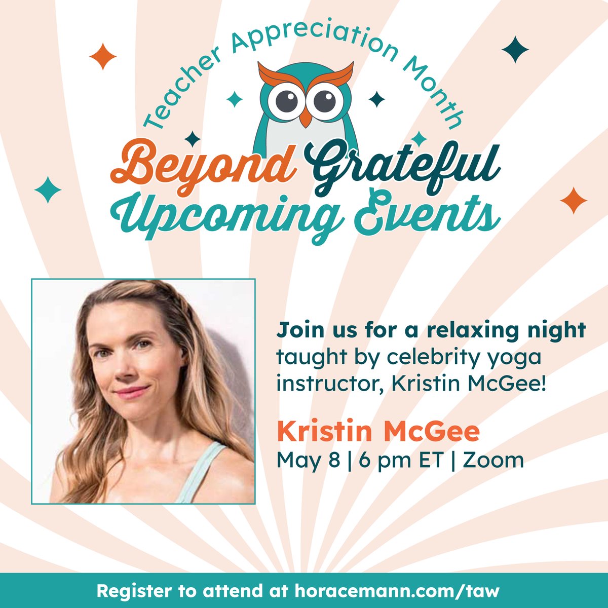You’re invited to a FREE yoga class with celebrity yoga instructor Kristin McGee who will help melt away any end of the school year stress! Register to attend here: ow.ly/MN3H50Rnuvw We hope to see you there! #TeacherAppreciation #HMBeyondGrateful