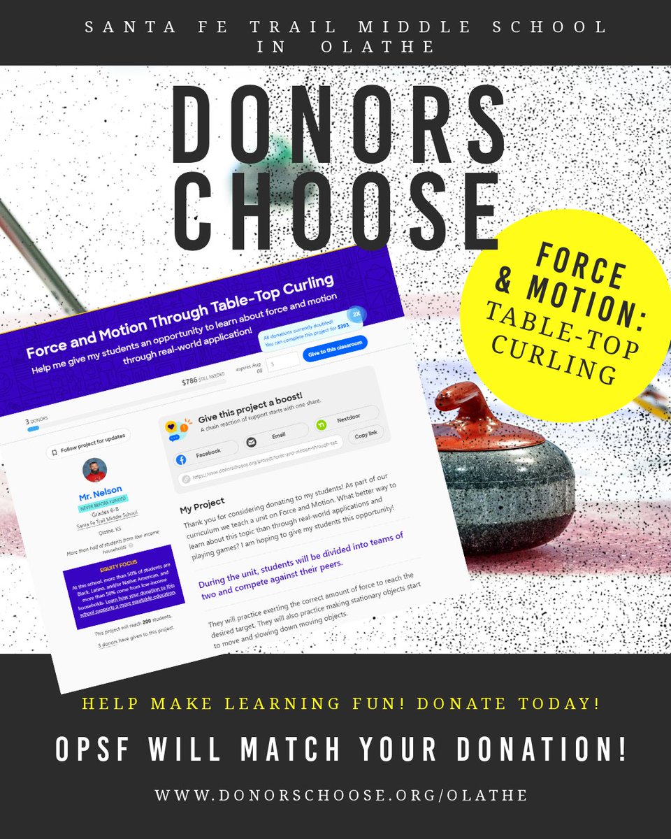 Help Mr. Nelson at Santa Fe Trail with his Donors Choose project to teach students about the laws of force & motion with a little table top curling! With DonorsChoose, teachers can post their projects, get help from the community and OPSF will match! ow.ly/4YwJ50Rr9wy