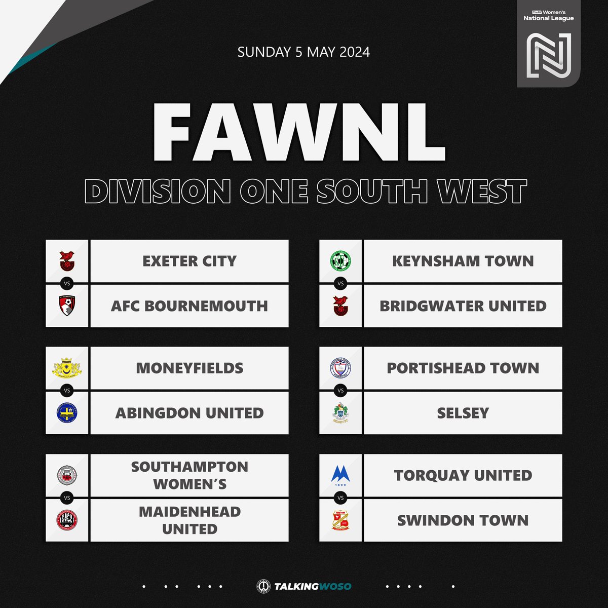 𝗙𝗜𝗫𝗧𝗨𝗥𝗘𝗦 | FAWNL Division One 

Sunday's Women's National League fixtures across the fourth tier in the Division One North, Midlands, South East and South West.

#FAWNL #WeAreNational