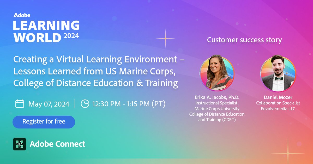 Learn from Erika A Jacobs and Daniel Mozerhow on how the Corps and the College of Distance Education built engaging virtual learning experiences. 

Sign up for the Live Learning Engagement track: adobe.ly/4bmk0ox

#AdobeConnect #AdobeLearningWorld2024 #VirtualTraining
