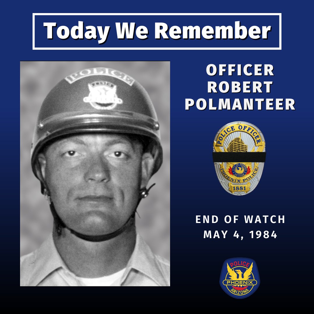 On May 4, 1984, Officer Robert Polmanteer was killed in a head on collision with a van that turned in front of his motorcycle. To learn more about Officer Polmanteer, watch his memorial video: Youtu.be/fZBVT7UqCv4 We honor and remember his sacrifice. #PHXPDFallenOfficers