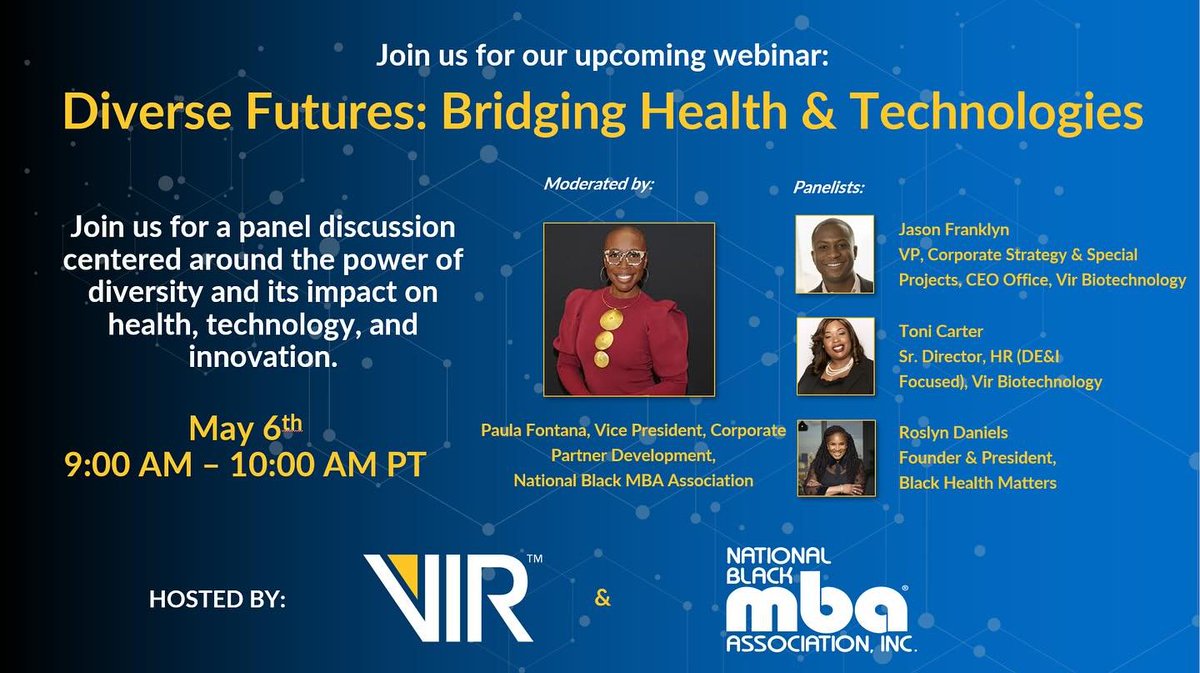 New Date Alert! Join the @nbmbaahq & @Vir_Biotech for #DiverseFutures: Bridging #Health & #Technologies on 5/6 at 12pm ET (9am PT) on #LinkedInLive. #RSVP for this #FREE event at bit.ly/3VKcijG. #NBMBAA #nbmbaaevents #nbmbaaindy #webinars #virtualevents #tech #dei