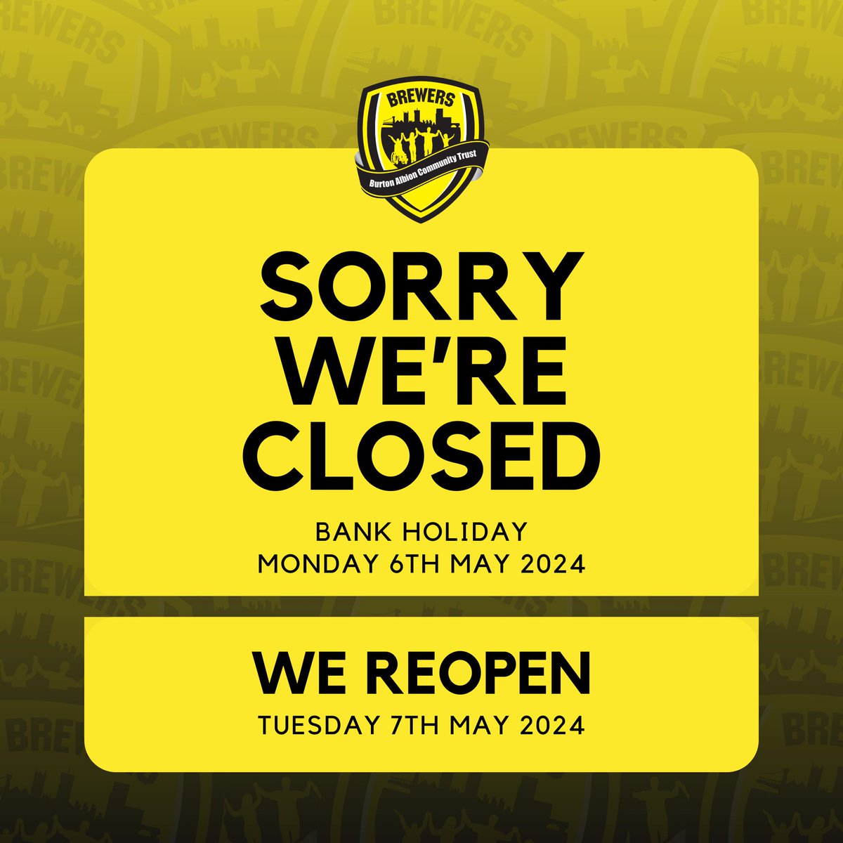 💛🖤 BANK HOLIDAY CLOSURE We will be closed tomorrow for the Bank Holiday ☀ Our phoneline will not be in operation until Tuesday 7th May ☎ Enjoy your Bank Holiday weekend 🙌 #BACT
