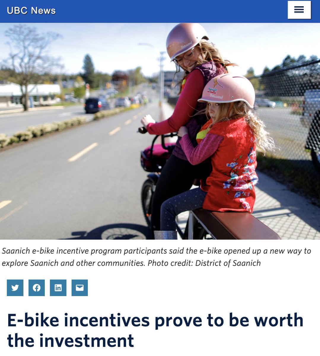 Encouraging new research on e-bike incentives: In Saanich, British Columbia, 93% of rebate recipients were new to e-e-biking, and 60% new to cycling altogether. news.ubc.ca/2024/04/30/e-b…