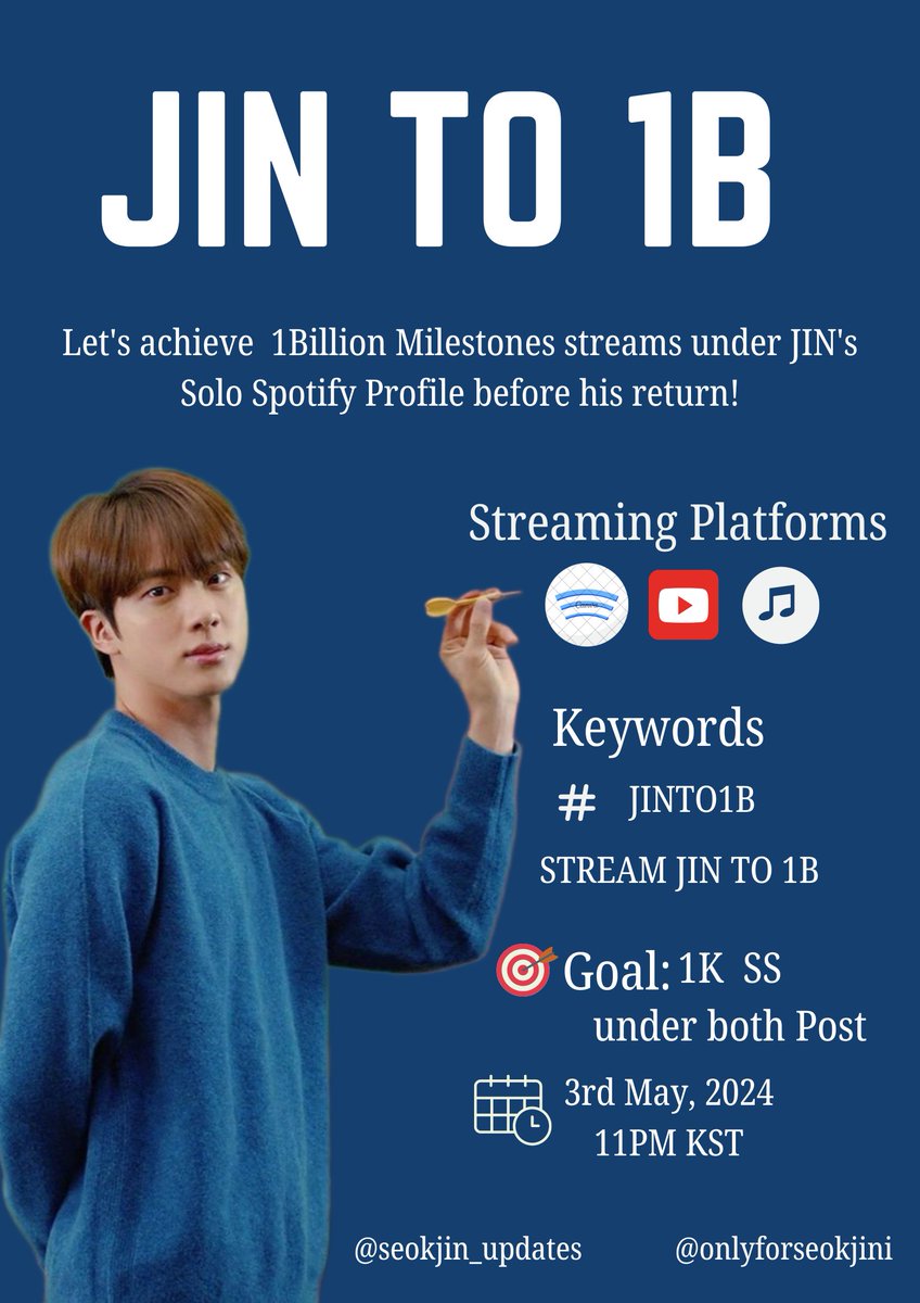 Embark on the JIN TO 1B journey with us & @onlyforseokjini and let's make Jin's music soar to new heights! 

The Party starts NOW ‼️ 

Spotify: shorturl.at/jowXY
AM: shorturl.at/zFXY1
YT: shorturl.at/gwCD5

🎯 Drop 1K SS under both Post 

STREAM JIN TO 1B…