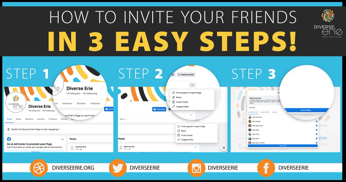 Help spread the word so more people can join the #DiverseErie conversation by inviting your friends to like and follow — It is as easy as 1, 2, 3! #DEI #Diversity #Equity #Inclusion