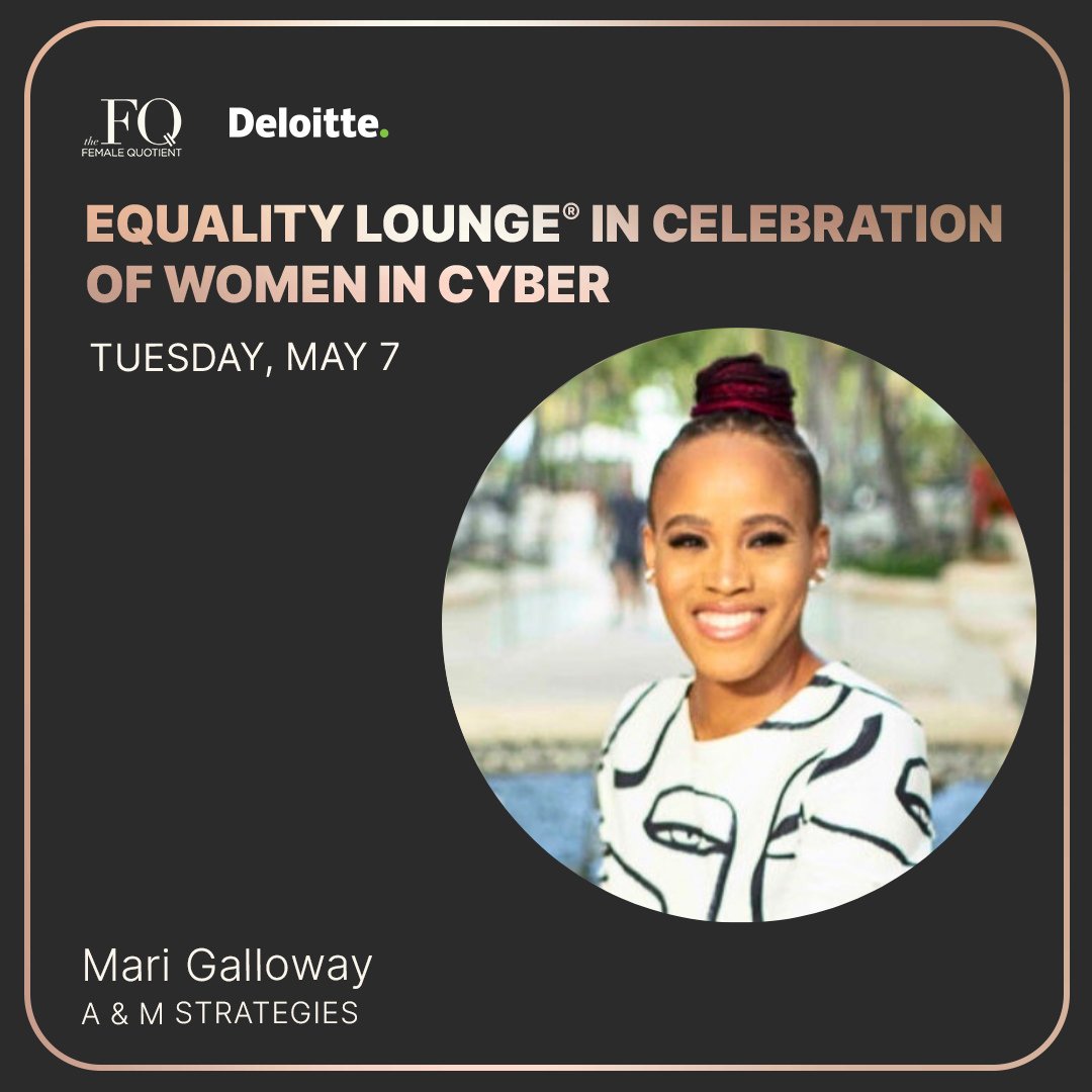 Will you be attending the @RSAConference? #RSAC2024 YOU'RE INVITED to join WSC's CEO @MariGalloway at the #EqualityLounge® on May 7 at 3 PM PT at the @Deloitte Booth - South Expo #0834. Celebrate women in #cybersecurity! 🎉👩🏽‍💻 @FemaleQuotient 🎟️ RSVP: thefemalequotient.equalitylounge.com/rsaconference2…