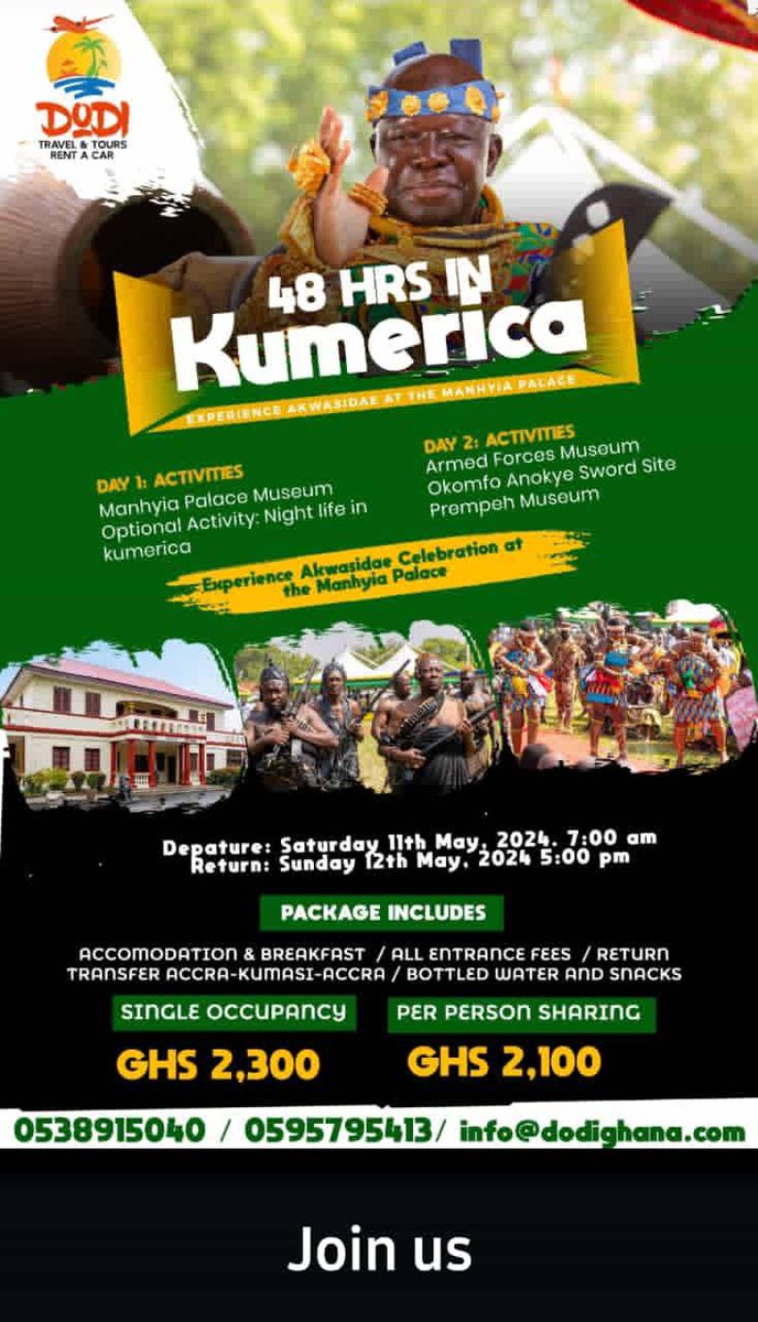How about joining Dodi Travel and Tours to know more about the garden city, Kumasi on their specially curated '48 hrs in Kumerica' tour designed just for you? Book Now. See flyer for details. #ExperienceGhana #ShareGhana #Ashanti #Kumerica
