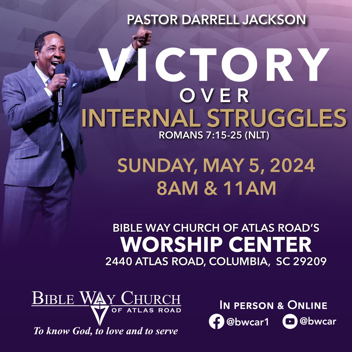 Join us live on YouTube tomorrow at 8 am and 11 am, as Pastor Jackson shares a special message, “Victory Over Internal Struggles.”