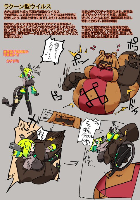 司書型ナビちゃんことカナツミVSラクーン型ウイルス 捕まっちゃうとその大きなお腹の中に……

ラクーン型ウイルスはお題箱に投函していただいたのを反映させて頂きました
以下ツリーに設定やら小話やら生えたら繋げていきます 