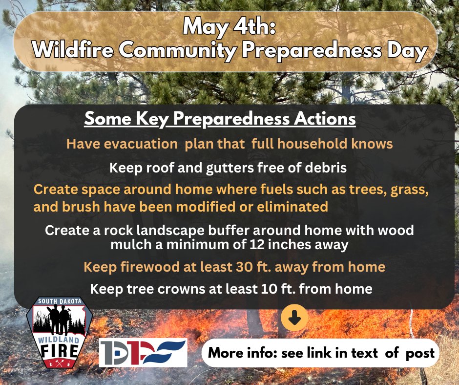 Saturday May 4 is Community Wildfire Preparedness Day. Take time now to be ready, just in case. See key prep steps below. For more on protecting your home from wildfire visit wildlandfire.sd.gov. #keepSDsafe