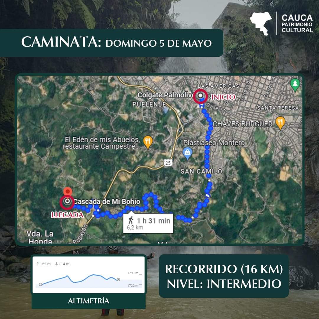 Les presentamos el recorrido y la altimetría de nuestra caminata del día de mañana domingo 5 de mayo. Son 16 Km (ida y vuelta) de nivel intermedio para conocer la hermosa Cascada de Mi Bohío. 🚶🏻‍♂️💚🏞

#CaucaPatrimonioCultural

#senderismo #caminatas #cascadas #paisajes #popayán