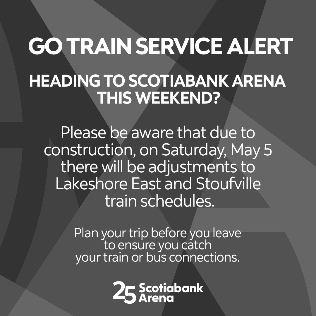 Coming to the show or Tailgate tonight at #ScotiabankArena? Please note the following @GOtransit service adjustments and plan your trip before you leave 🚉 For more info, visit: bit.ly/3whVSET