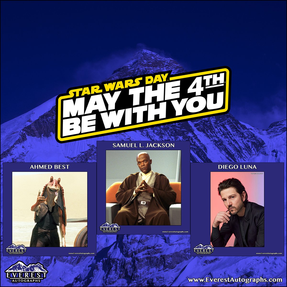 Happy #StarWarsDay & #MayThe4thBeWithYou! We're proud to be offering #AhmedBest, #SamuelLJackson & #DiegoLuna for Pre-Order at EverestAutographs.com. Thank you to everyone for the amazing support since we launched. Have a wonderful & safe weekend! #EverestAutographs #StarWars