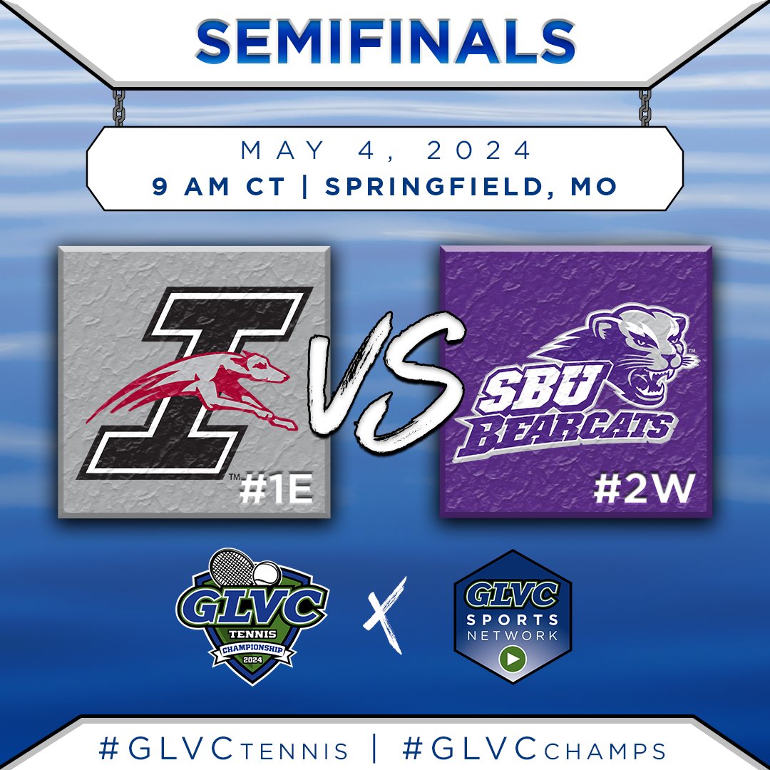 🏆🎾 #GLVCtennis | #GLVCchamps MEN'S SEMIFINALS #️⃣1️⃣E @UIndyAthletics 🆚 #️⃣2️⃣W @sbubearcats 📺 @GLVCSN 📊 GLVCsports.com/2024mten 📍 Cooper Tennis Complex ⏰ 9 AM CT