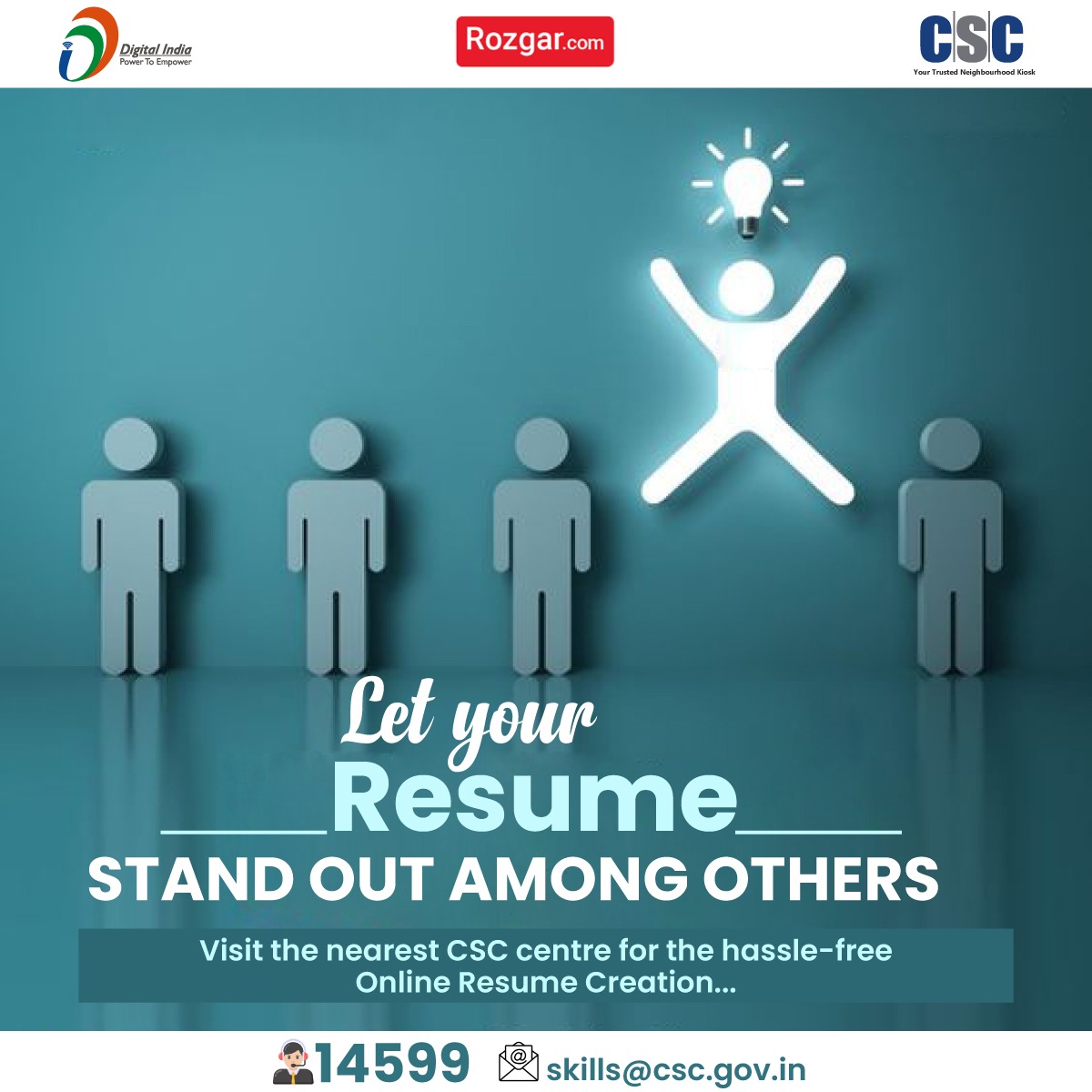 Let your #Resume stand out among others... Step into the #CSC centre for top-notch online resume creation services. For details, visit the Digital Seva Portal. For any queries, call us on 14599 or write us at skills@csc.gov.in #DigitalIndia #CSCResumeService #ResumeMaking