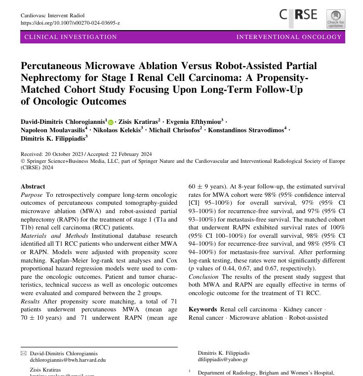 Be sure to read this #clinicalinvestigation 🔍 #Percutaneous Microwave #Ablation Versus Robot-Assisted Partial Nephrectomy for Stage I Renal Cell Carcinoma: A Propensity-Matched Cohort Study Focusing Upon Long-Term Follow-Up of Oncologic Outcomes link.springer.com/article/10.100…