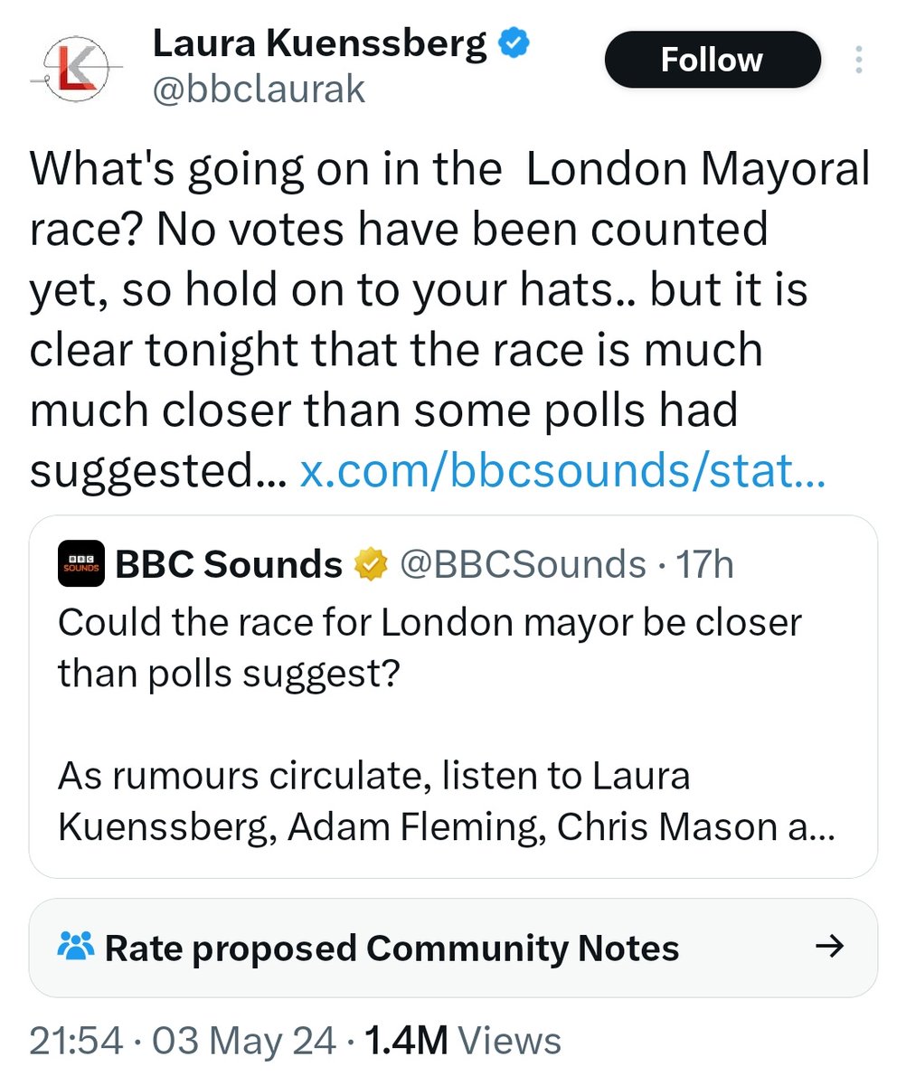 Interesting how the BBC's leading, supposedly impartial, political commentator tried to create speculation over the London Mayoral election result yesterday, despite the fact the count is happening today.