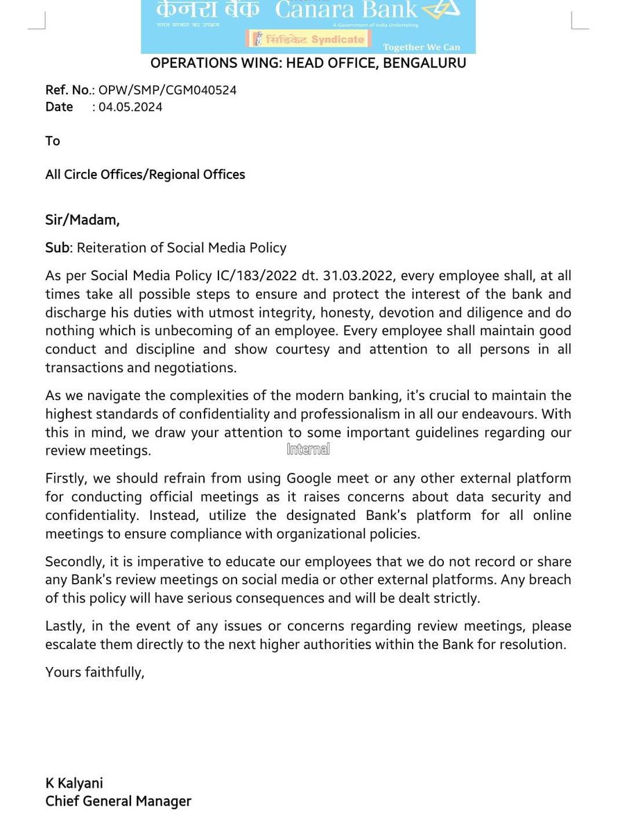 🔸️Dont use Google Meet, use Banks platforms(record ho jaata bank ki image kharab ho jaati).
🔸️Dont RECORD AND SHARE any video or else serious consequences will be there(chahe saamne wala gaali bhi de).
🔸️Share concerns with bank(phir dekha jaaega tumko).
@canarabank

#Shame