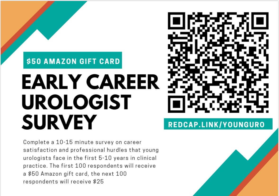 📣📣📣Calling all early career urologists (<10 years out of training) to participate in a survey assessing factors that impact early career satisfaction with a chance for an Amazon gift card. See details below! #AUA2024