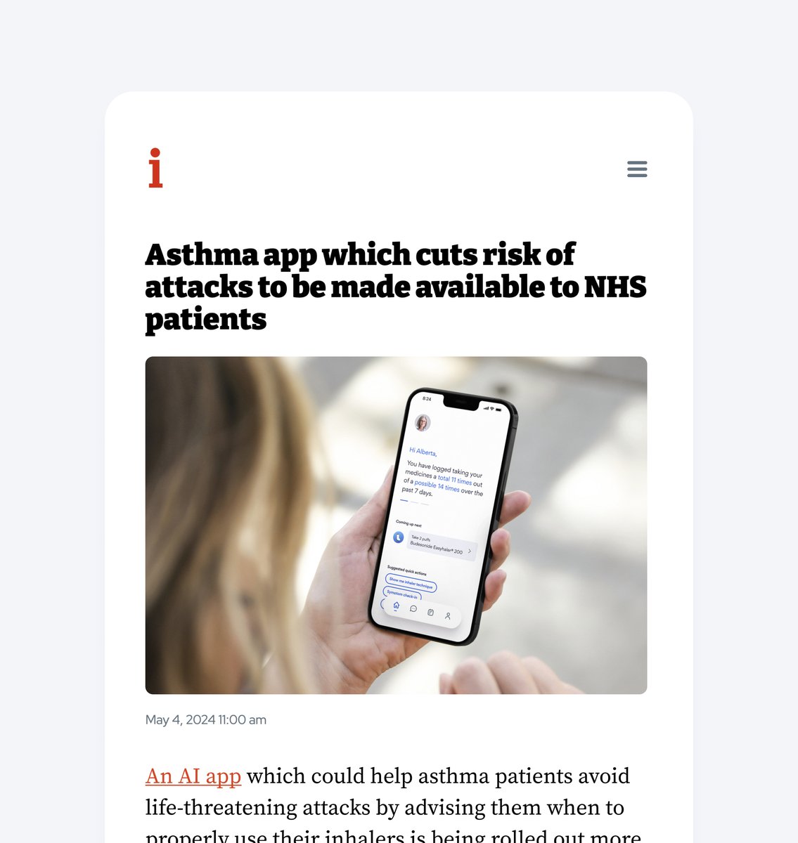 Ian Wharton (@ianwharton) on Twitter photo "I haven’t had an asthma attack since I was using this app. I’ll be carrying on using the app for the rest of my life." Great to see <a href="/aidehealthco/">Aide Health</a>'s partnership with Suffolk Primary Care getting national coverage.
inews.co.uk/news/asthma-ap…
#asthma #nhs "I haven’t had an asthma attack since I was using this app. I’ll be carrying on using the app for the rest of my life." Great to see <a href="/aidehealthco/">Aide Health</a>'s partnership with Suffolk Primary Care getting national coverage.
inews.co.uk/news/asthma-ap…
#asthma #nhs
