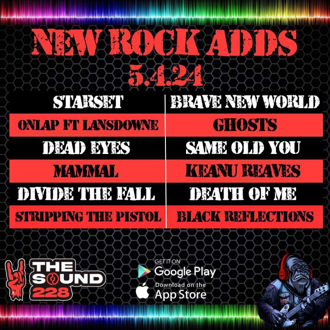 New Rock Adds! @starsetonline - “Brave New World” @OnlapMusic ft. @Lansdownemusic - “Ghosts” @deadeyesmd - “Same Old You” @mammalband - “Keanu Reeves” @dividethefallmn - “Death of Me” Stripping the Pistol - “Black Reflections” Get your requests in! linktr.ee/TheSound228