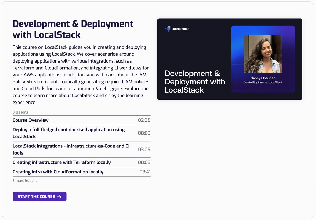 Looking to learn about developing & deploying AWS applications locally with LocalStack! Look no further — Check out @_nancychauhan's new course: ‘Development & Deployment with LocalStack’ on LocalStack Academy. You'll learn about: • Deploying a container-based app on