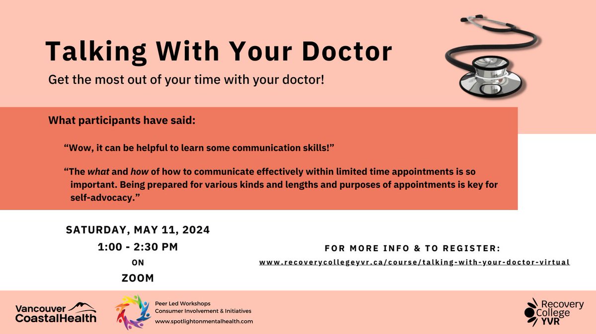 🌟 Unlock the power of effective communication with your doctor during Mental Health Week! 

Reserve your spot in the workshop now:
recoverycollegeyvr.ca/course/talking…

#SpotlightOnMentalHealth
#MentalHealth
#Wellness
#Hope
#PeerWork
#LivedExperience 
#CompassionConnects 
#MentalHealthWeek