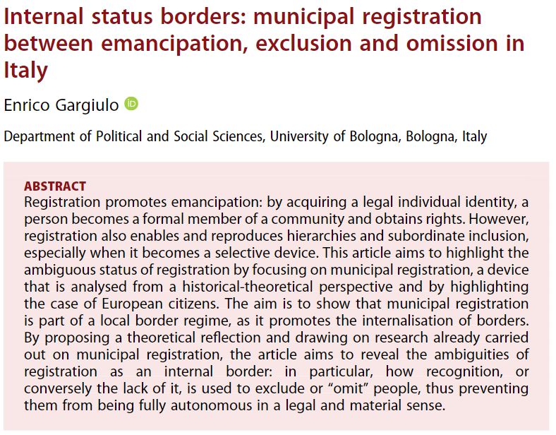#ERSNew🐣 

Proposing a theoretical reflection and drawing on existing research, Gargiulo's article aims to reveal the #ambiguities of registration as an #InternalBorder; particularly how recognition or the lack of it is used to #exclude or omit people.