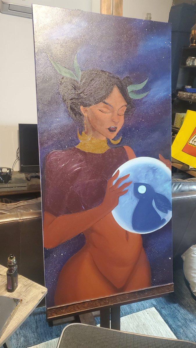 She's so close to being finished!! Ahh. This piece is about to get really intimidating for me. I've gotta add some bright ass highlights from the moon. And omg, so scary!! But anywho, yee, here's how she's comin along so far.
