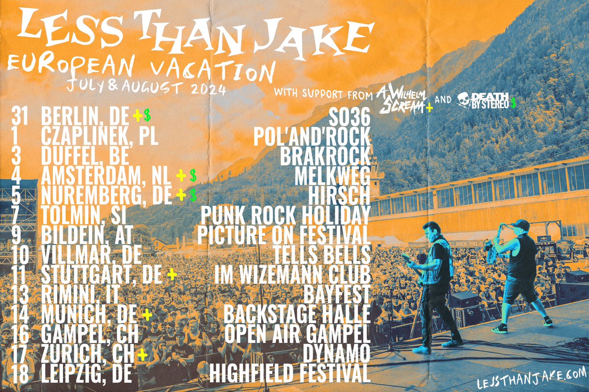 EUROPE! We are coming back this summer for some intimate club shows and some jam packed festivals. We are not coming alone. We are hitting the mainland with @AWILHELMSCREAM and @skullandbolts. You won’t want to miss this trip! lessthanjake.komi.io
