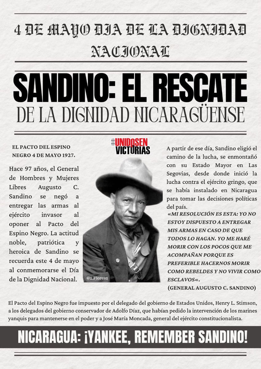 💥🇳🇮Día de la Dignidad Nacional 04 Mayo SANDINO RESCATÓ LA DIGNIDAD NICARAGÜENSE NICARAGUA: TE DICE HOY: YANKEES, REMEMBER SANDINO! @FloryCantoX @YaderEspinoza01 @collvermat #UnidosEnVictorias #SoberaníayDignidadNacional