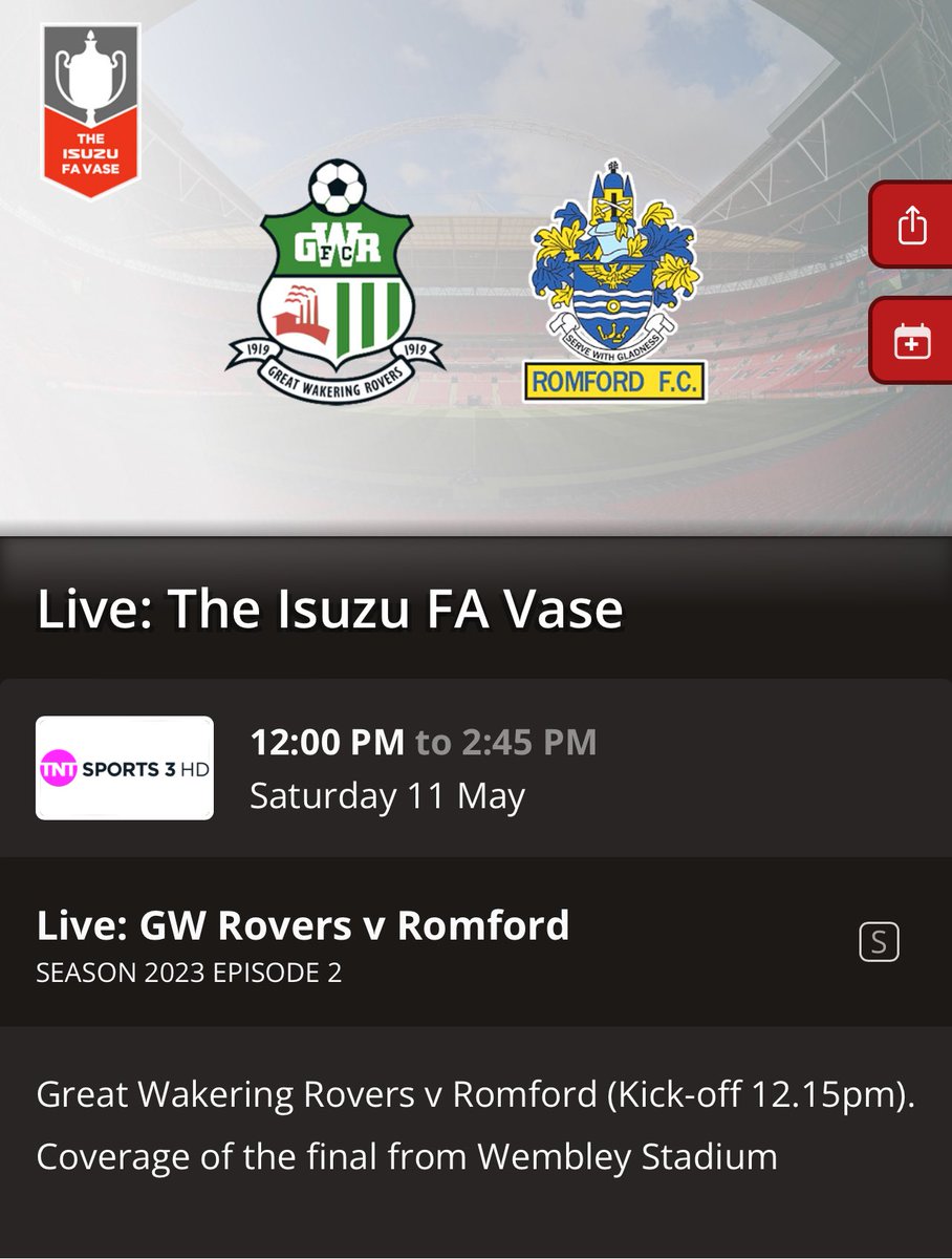🚨🚨 FA VASE FINAL NEWS 🚨🚨

We can confirm that next Saturdays FA Vase Final will be shown live on TNT Sports 3.

1 week to go 💚💚💚