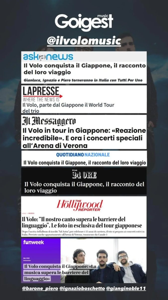 #instagramstories @ilvolo #ilvolo #rassegnastampa #ilvolojapantour  #IlVoloSiciliaFanPage